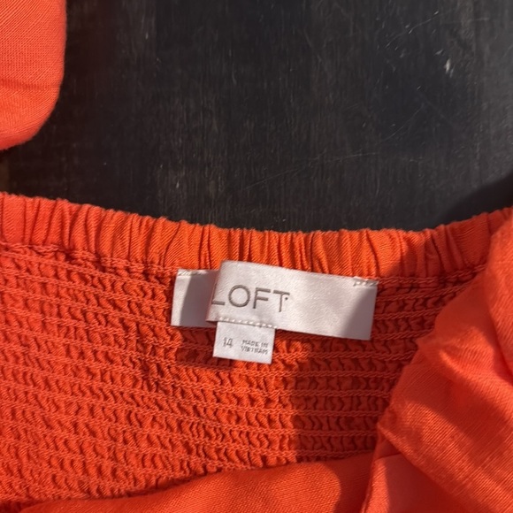 Loft Orange Puff Sleeve Linen Blend Maxi Dress Smocked Back Leg Slit Size 14 - Picture 6 of 11